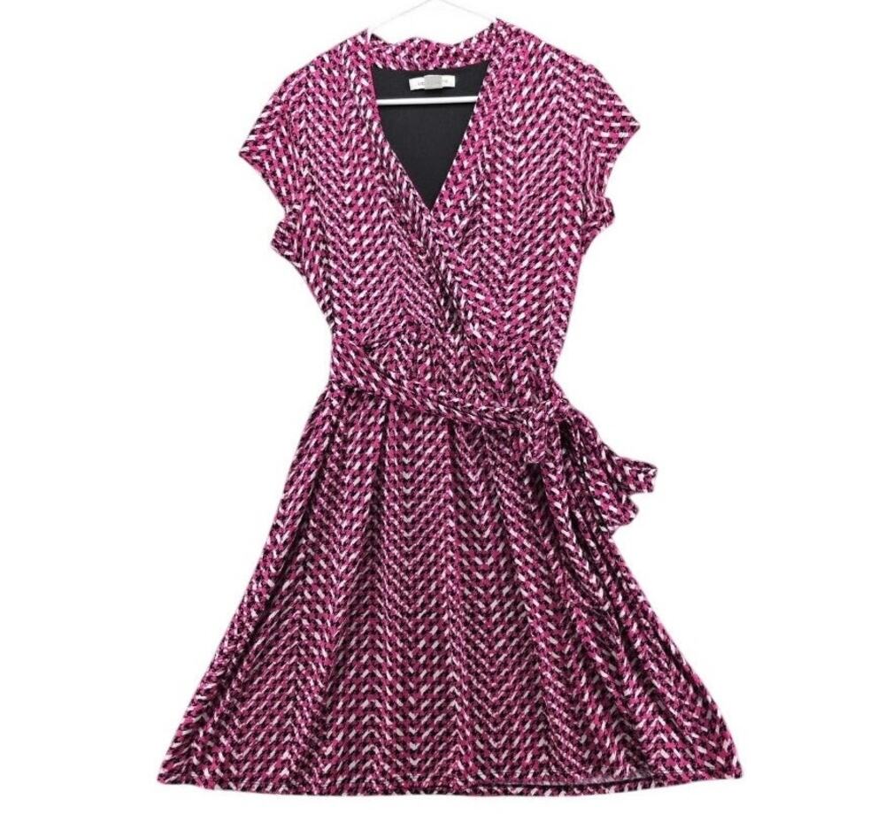 Liz Claiborne Size S Pink Houndstooth Faux Wrap Tie Waist Cap Sleeve Dress